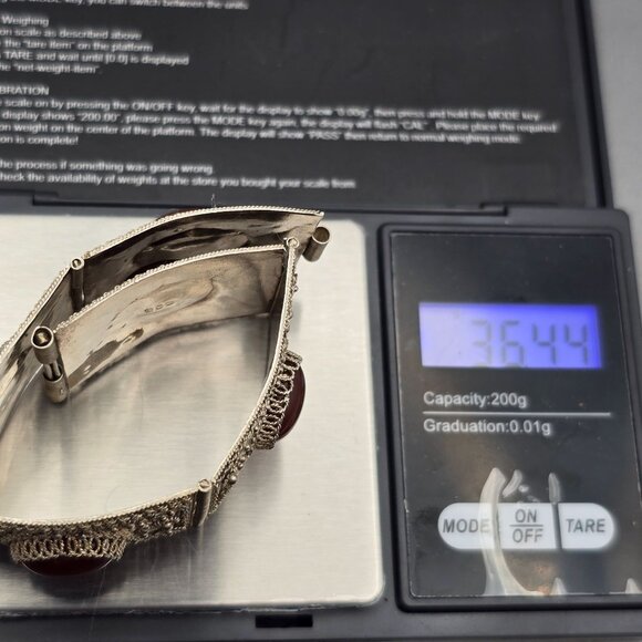 Antique 900 Silver Cannetille Carnelian Cabochon Hinged Panel Bracelet 7" - Picture 16 of 16